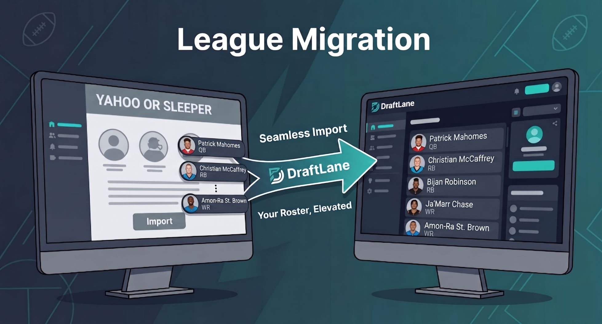 DraftLane League Migration Tool showing a seamless roster import from Yahoo and Sleeper into the DraftLane fantasy football ecosystem.